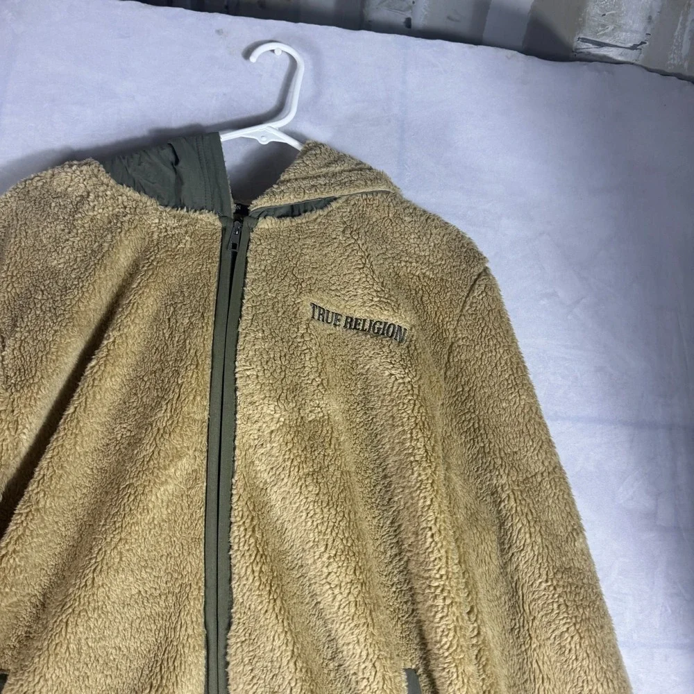 NWT True Religion Mens‎ Hoodie Tan Sherpa Fleece Full Zip Long Sleeve Comfort L